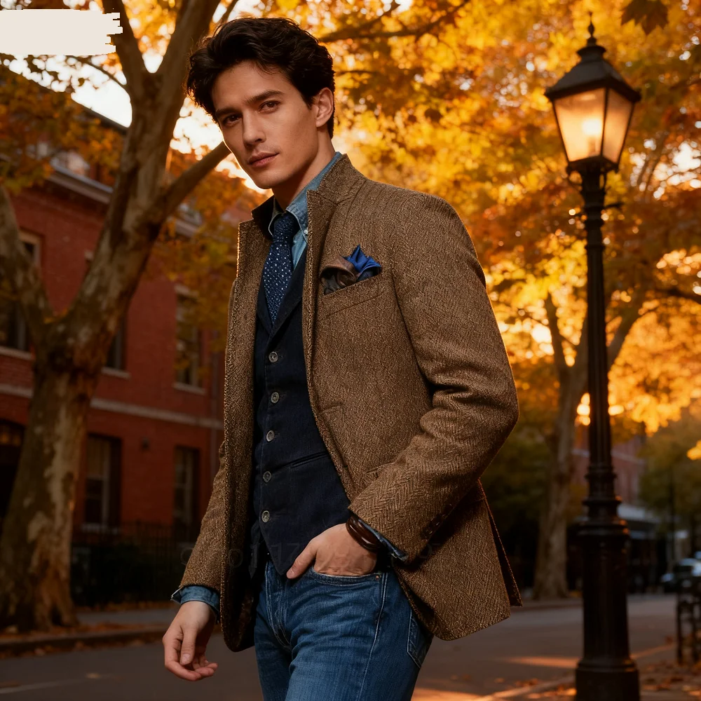 

Мужской коричневый цельный пиджак, зимний теплый шерстяной деловой офисный пиджак с лацканами «рыбий хребет», зимняя куртка с вырезом «рыбья кость», L