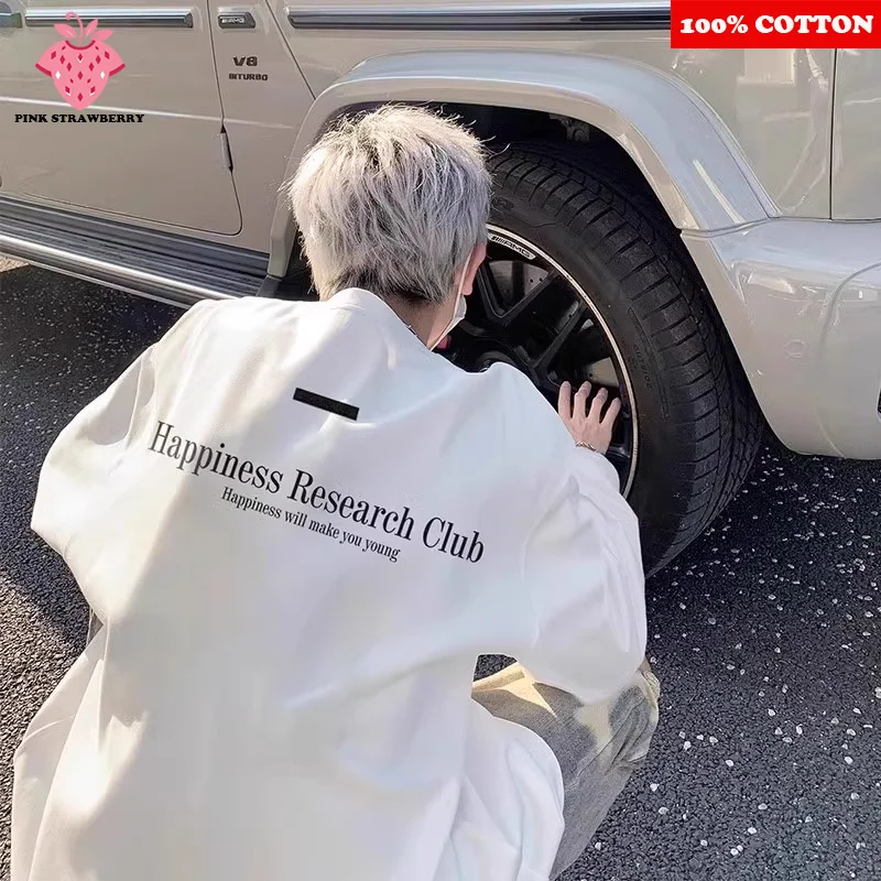 

American style Casual Long sleeves T-shirt Men Autumn 2025 New 100%Cotton White O-Neck Letter Print T-shirt Y2k Top Man clothing