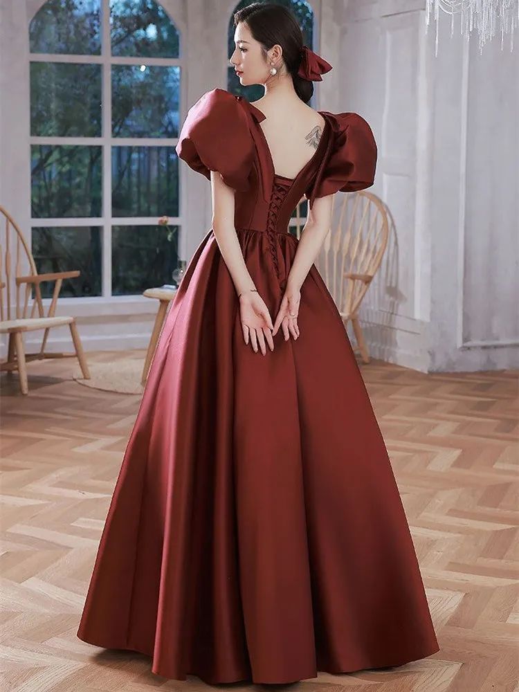 Wine Red Dress Women Spring Summer Solid Color Lace V-neck Bubble Sleeve Bow Long A-line Skirt Temperament Female Clothing M176