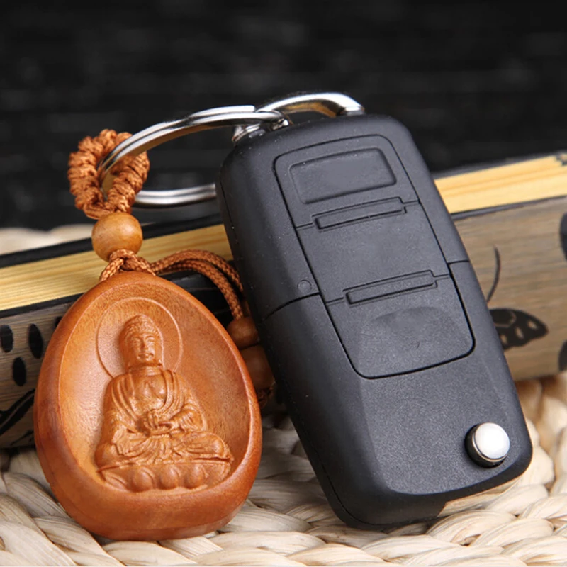 1PC Wood Carving Buddha Pendant Keychain Lucky Jewelry Buckle Unisex Chinese Buddha Keyring For Car Bag Key Holder