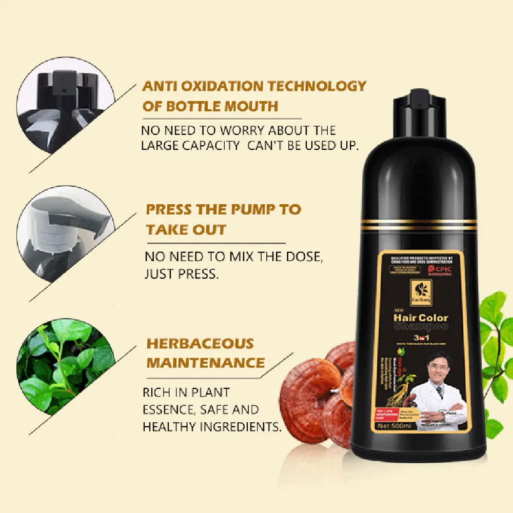 500ml 3 In 1 Hair Color Shampoo Black Hair Dye Covering White Hair Shampoo Black Plant Hair Dye Fast Hair Dye Cream Styling DIY