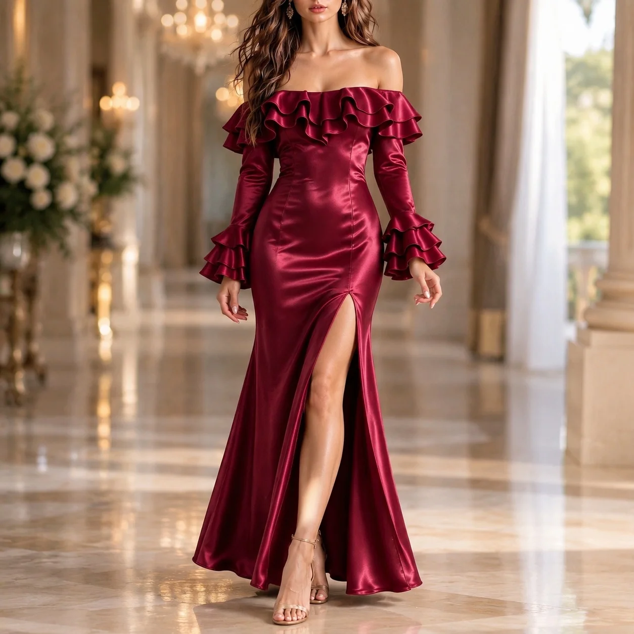 High Waist Ruffle Gown with a Line Silhouette Elegant Style Slim Fit Pleated Dress for Women Party Wedding Guest Dresses