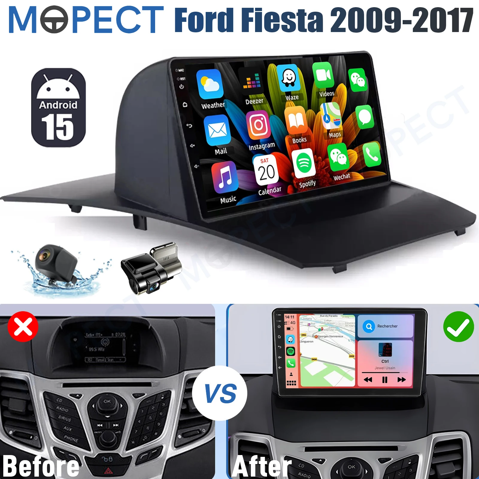 9 inch autoradio GPS Carplay radio 4+64G Android 15 voor Ford Fiesta 2009-2017 Apple CarPlay WiFi head unit AM/AM SWC BT+DAB&DVR&AHD