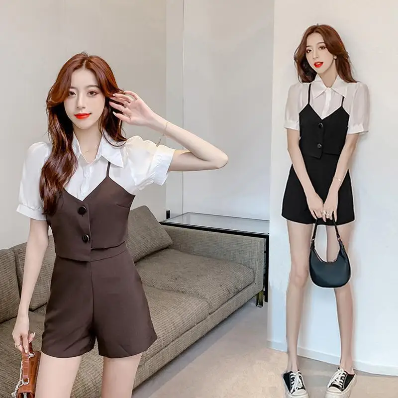 Summer Outfits 2023 New Arrival High Grade Explosive Street Show High Temperament Shirt Strap Shorts Three Piece Set For Women