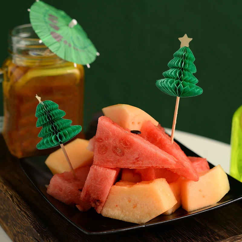 50 adet 3D noel ağacı kağıt şemsiye kokteyl şemsiyeleri kek Topper içecek meyve çubukları dekorasyon için Xmas Xmas parti kaynağı