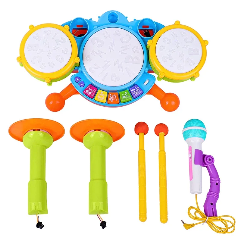 Ensemble de batterie de Jazz pour enfants, créatif avec lumière et musique, instruments éducatifs précoces pour bébés de 1 à 3 ans, jouets pour tout-petits, Microphone pour filles