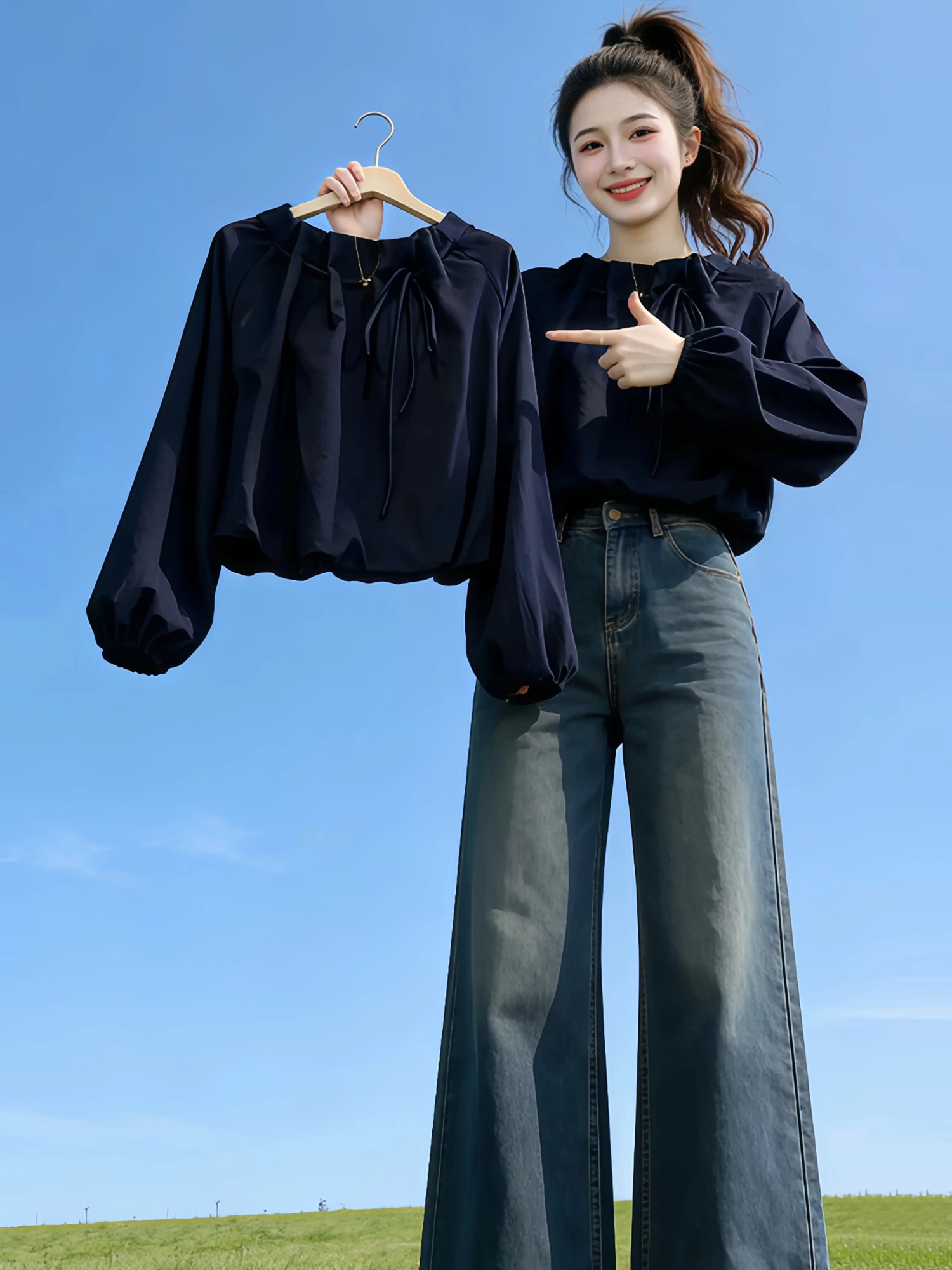 

plus Size Women's Shirt Loose Fit Lantern Sleeve Design Belted Tummy Covering Casual Style Spring Autumn plus Size Slimming Top