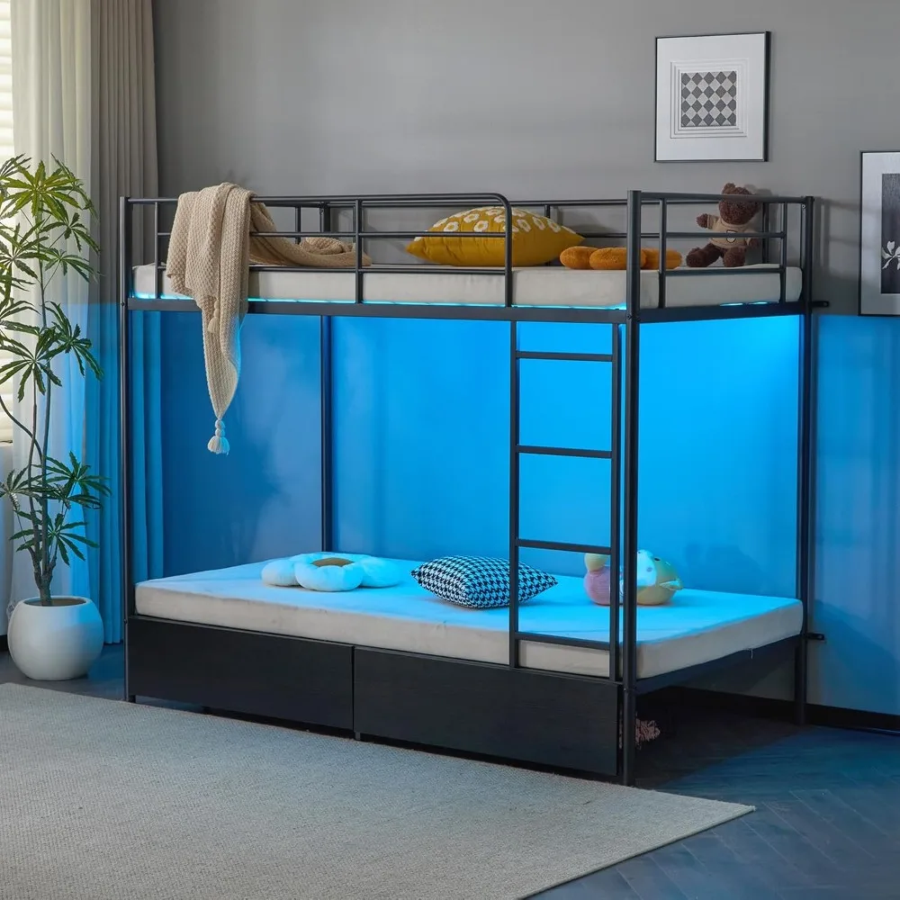 

Metal Bunk Bed Twin Over Twin with 2 Storage Drawers, with USB Charging Station and LED Lighted, Safety Guardrail