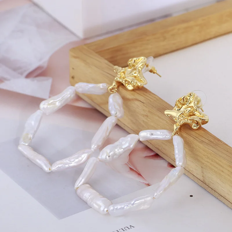 

Trendy Jewelry Freshwater Special-shaped Long Pearl Circle Metal Flower Cluster Elegant Temperament Earrings for Women