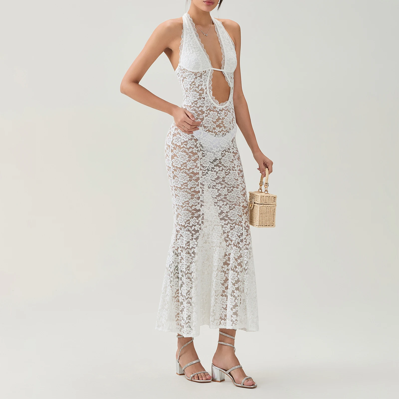 女性シースルーレース花薄手のメッシュドレスセクシーな背中の開いたノースリーブホルターネックボディコンフィッシュテールドレスガウン Vestidos