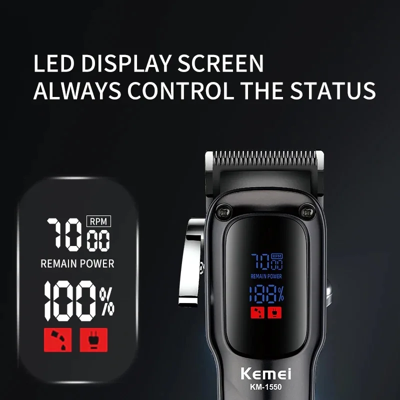 Kemei KM-1550 Professional Hair Clipper for Men LED Display Low Noise Cordless USB Interface Hair Cutting Machine Hair Trimmer