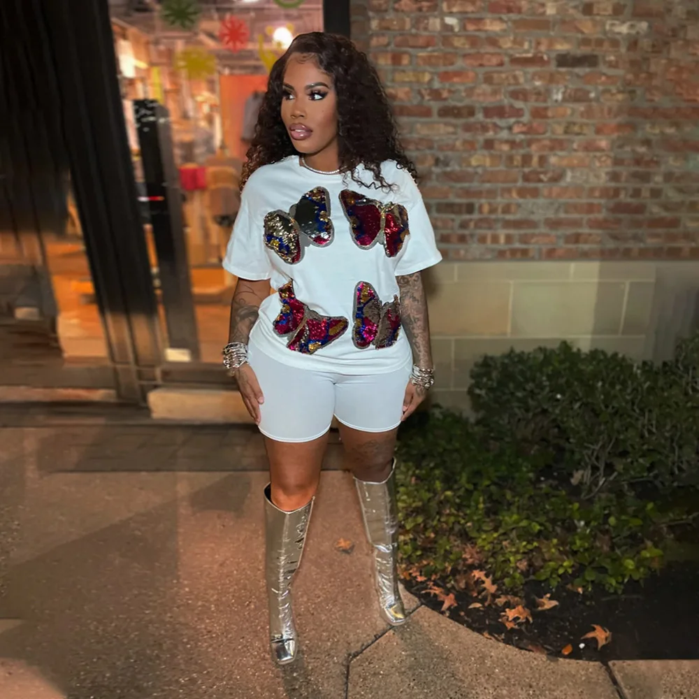 

Fashion Women's Set Short Sleeve Sequined Butterfly T-shirt and Shorts 2025 Active Two 2 Piece Sets Outfits Tracksuit