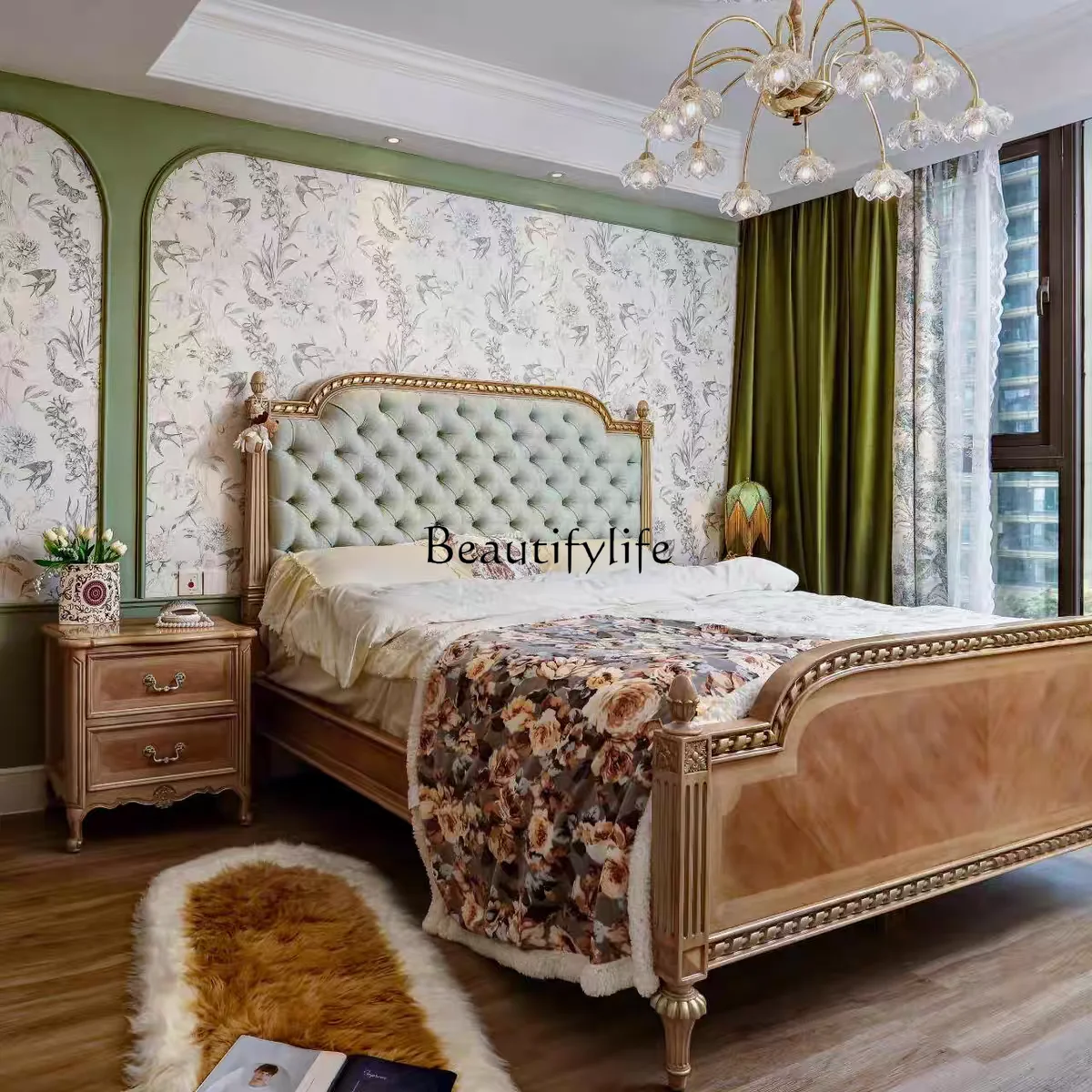 

American country style solid wood carving flower retro bed British fabric soft bag double bed