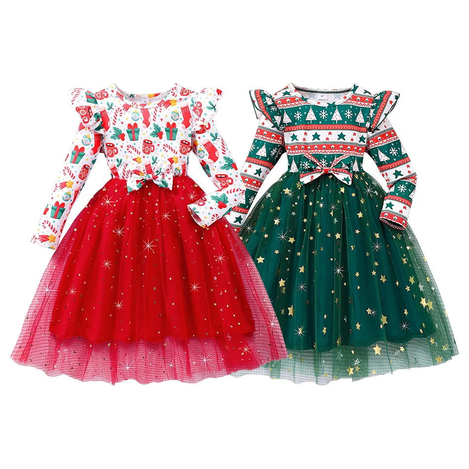 

Child Navidad Long Sleeve Bow Mesh Dress Baby Girl Party Floral Skirt Kids Christmas Style Print Princess Dresses Girls Clothes