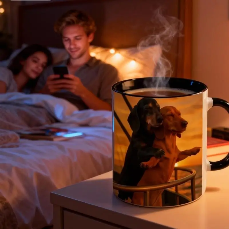 

Керамическая кружка с изображением пары таксы, эргономичная ручка, можно мыть в посудомоечной машине, можно использовать в печи,