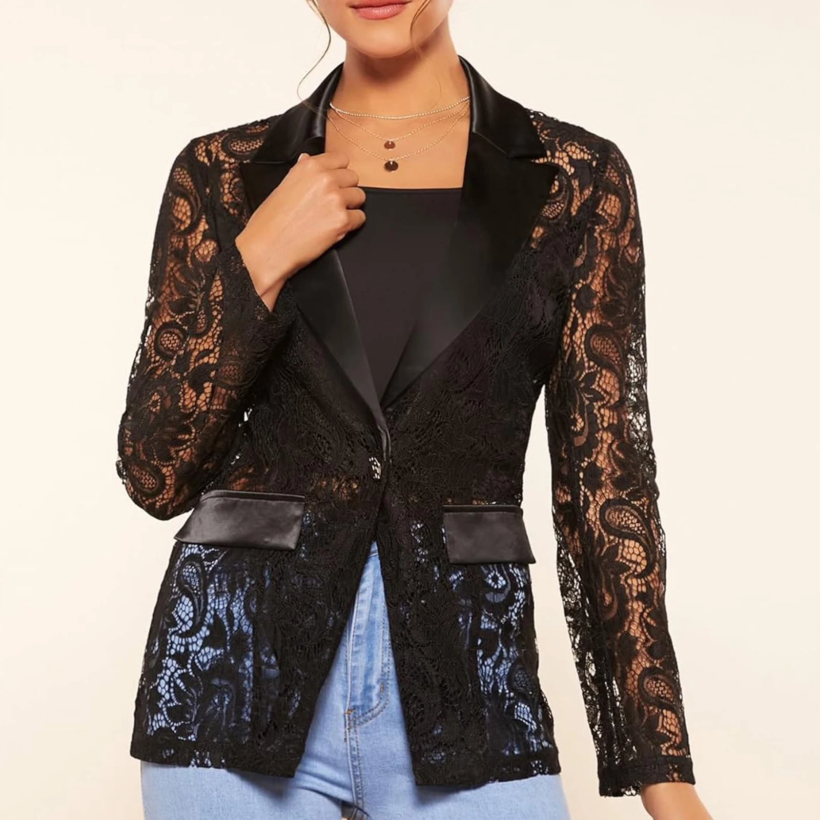 Blazer de moda para mujer, chaqueta de moda de manga larga con solapa de un solo botón de malla de encaje Floral, chaqueta de calle alta para mujer