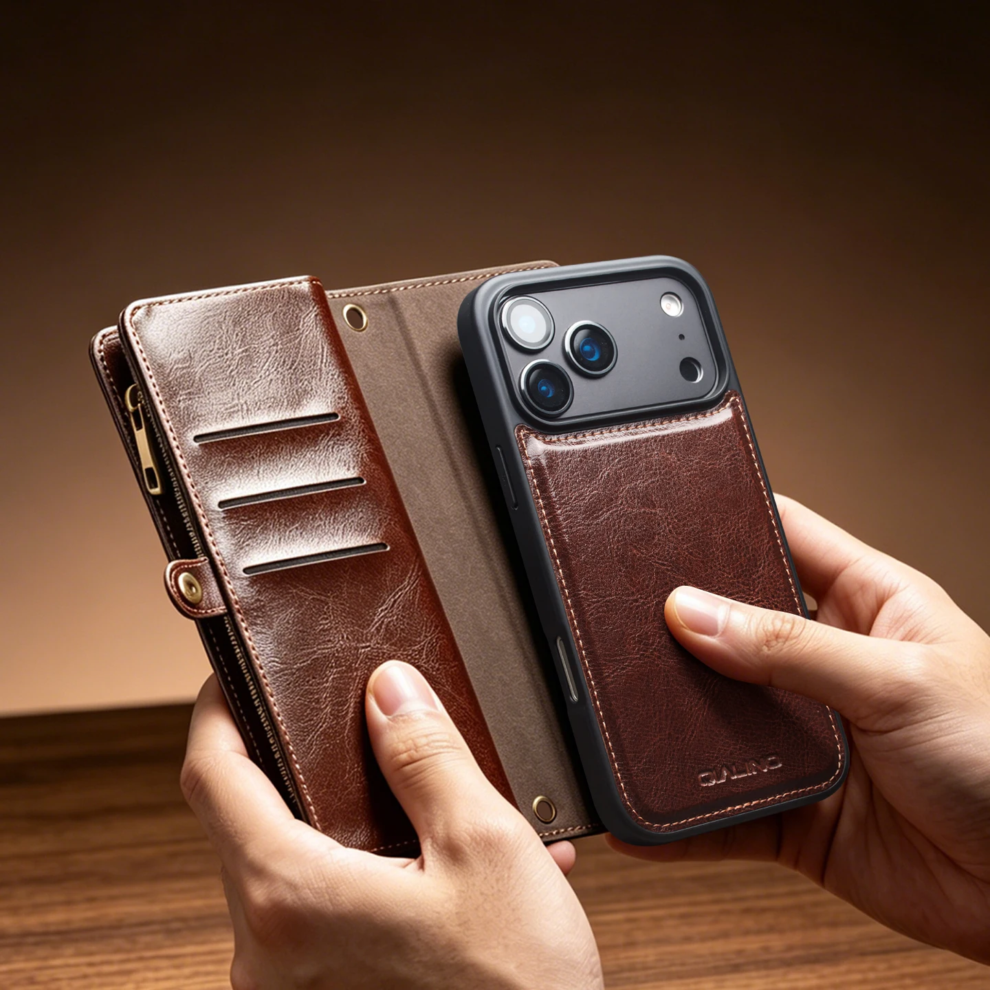 QIALINO 2in1 Magnetic Removable Multifunctional Genuine Leather Case for iPhone 18 17 Pro Max Crossbody Lanyard Wallet Cover