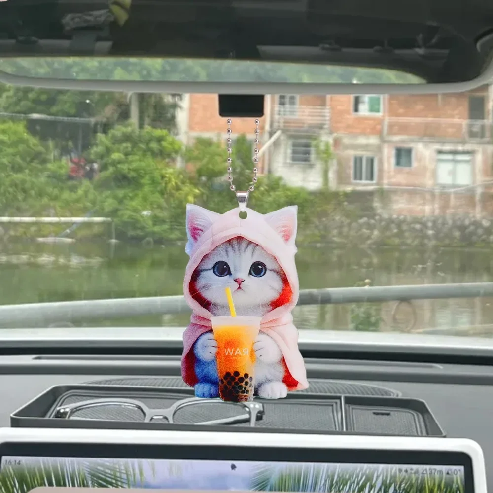 Acrylic Pink Hoodie Kitten Pendants Car Rearview Mirror Hanging Simulated Cute Cat Pendant 2D Flat Acrylic Key Backpack Pendant