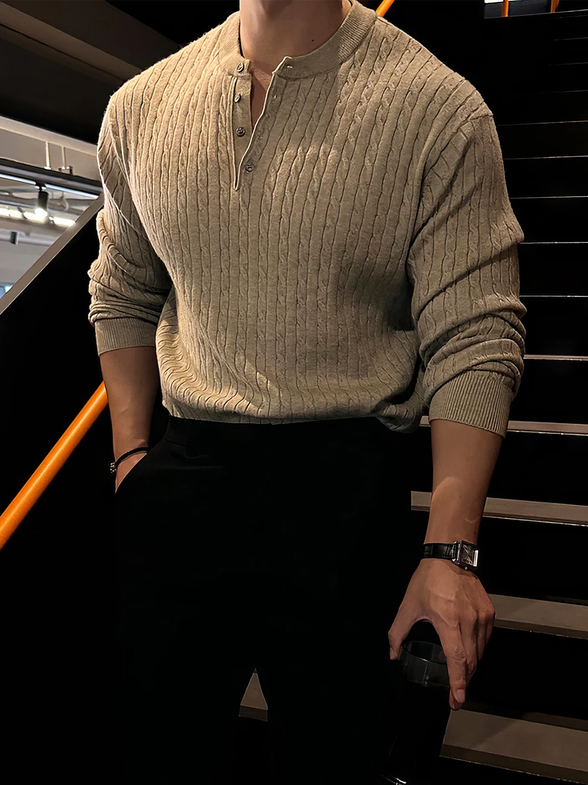 

American Retro Long Sve Knitted Sweater Men's Busin Casual Spring Autumn Trendy Design Henry Collar Sweater