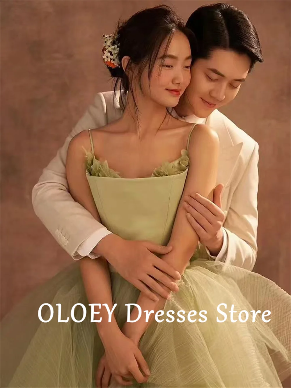 OLOEY Mint Green Wedding Dresses Spaghetti Straps A-line Bridal Gown Tulle Korea Photo Shoot Wedding Ball Gown Custom Made