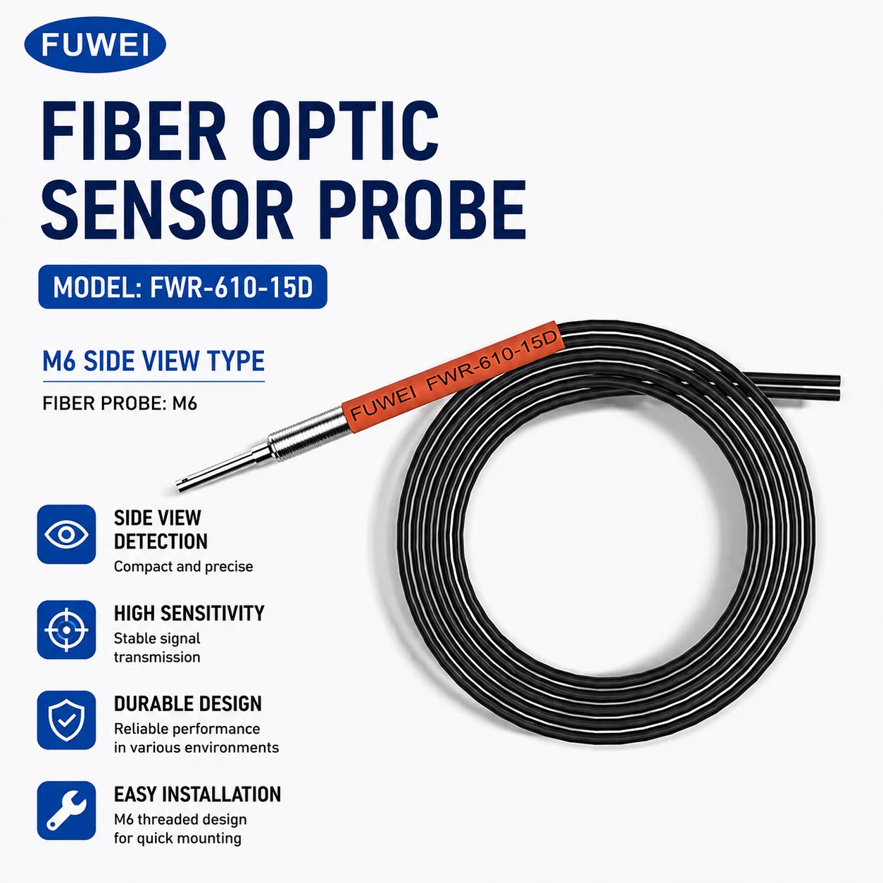 Fuwei FWR-610-15D R25 M6 Anti Bending Diffuse Reflection Fiber Optic Sensor Infrared Probe Right Angle Elbow Switch Sensor