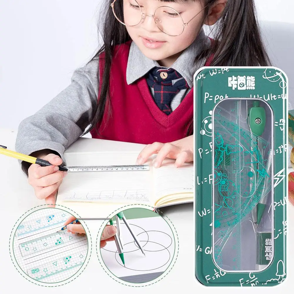 8 Pcs Math Geometry Kit with Rulers Protractor Compass Eraser Refills & Metal Box School Supplies for Drafting & Drawing