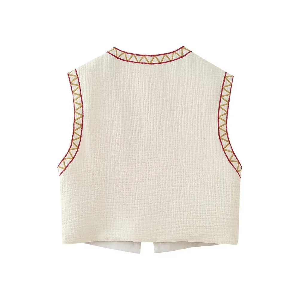 European and American Style 2024 Spring and Summer Women\'s New Fashionable and Versatile Round Neck Sleeveless Embroidered Vest