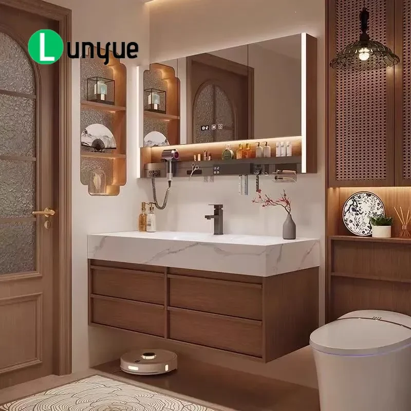 Medieval Style Bathroom Vanity Cabinet with Hot Bending Integrated Rock Slab Basin Bone Line Design Washbasin Toilet Combo