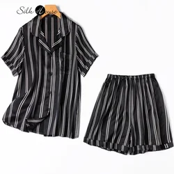 21MM 100% Natural Mulberry Silk Plain Satin Vertical Stripe Casual Short Sleeved Shirt Five Quarter Pants Home Wear Pajama Set