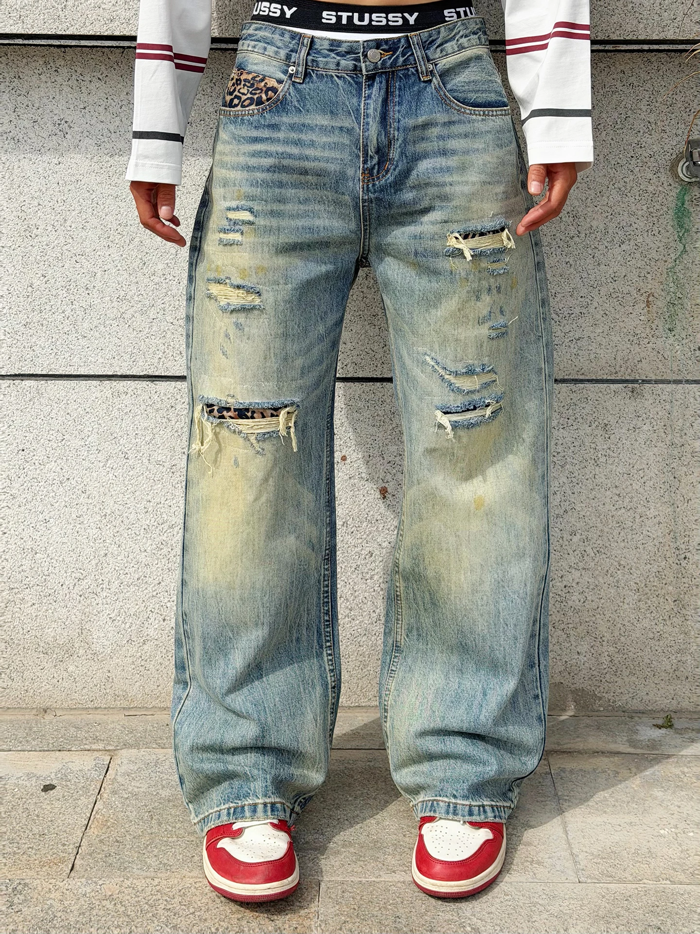 Calças Jeans Americanas Retro com Estampa de Leopardo e Efeito de Sujeira, Corte Solto e Reto para Homens e Mulheres, Estilo ...
