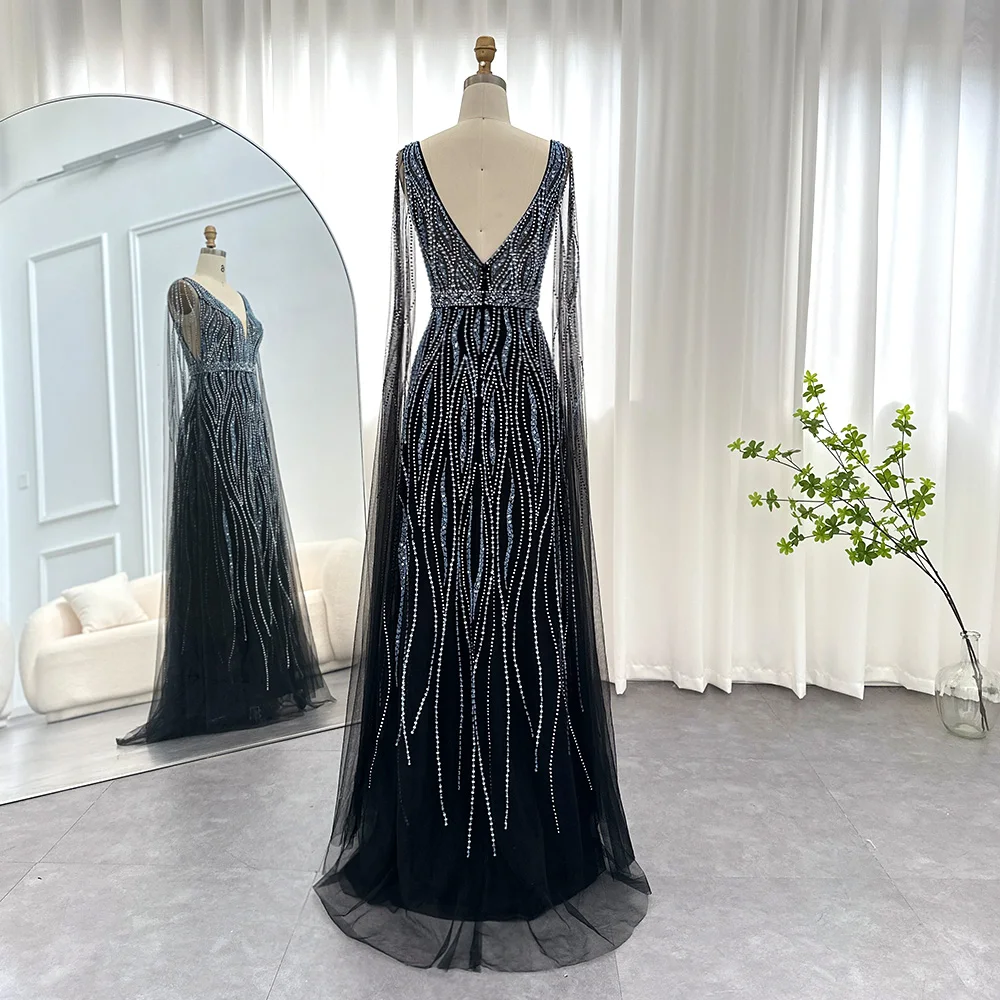 Scz124Jancember Dubai Black Arabic Evening Dress With Cape Sleeves Elegant Blue Red Women Wedding Formal Party Gowns