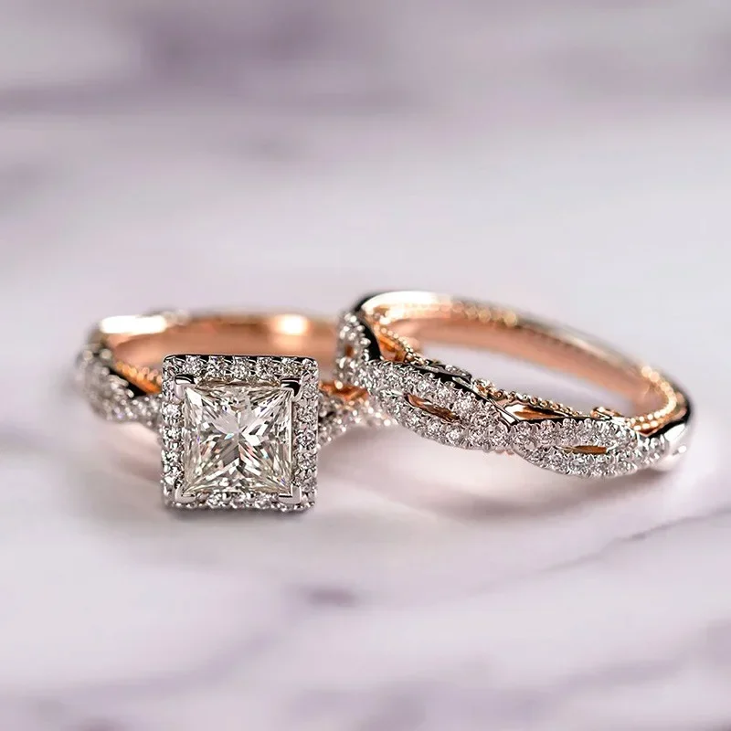 18K Rose Gold Princess Real Diamond Ring for Women Rings Women Bizuteria Gemstone Femme Loves Jewelry Set Rose Gold Rings