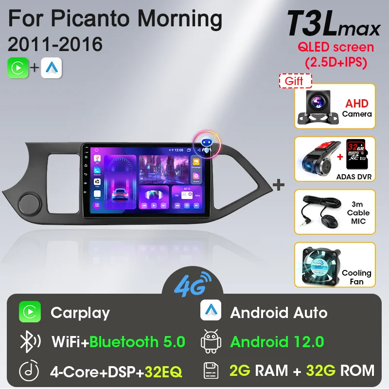 2 Din Android 12 Autoradio Carplay voor KIA PICANTO Ochtend 2 2011 2012 2013 2014 2015 2016 Multimedia Speler navigatie DVD Hoofd