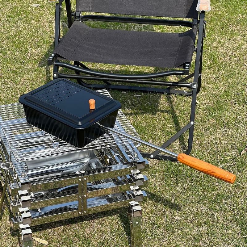 

Portable Outdoor Pan Wooden Handle Stainless Steel Camping Picnic Backyard Barbecues BBQ Grill Smoker Box Camp Cooking Supplies