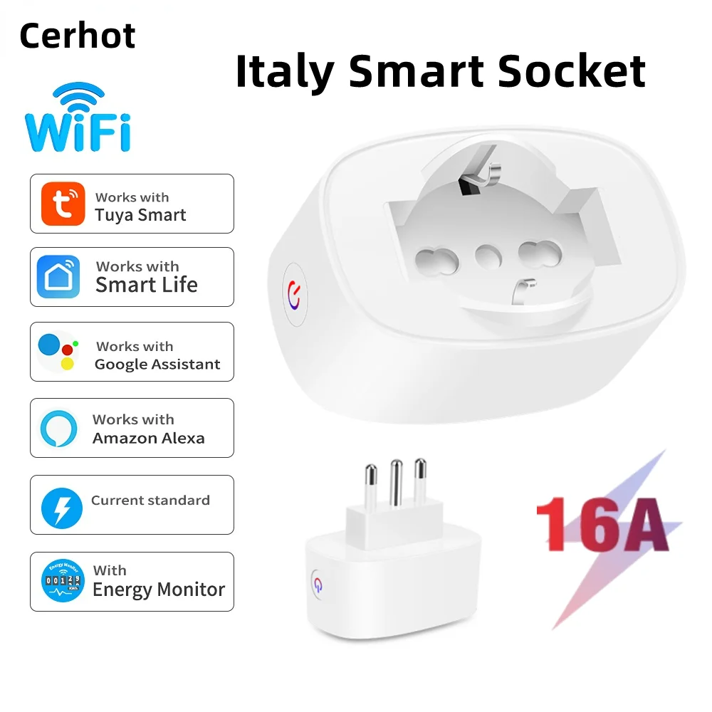 Cerhot Tuya WiFi Smart Plug Standard Italy Socket with Power Monitor Smart Life APP Remote Voice Control for Google Home Alexa