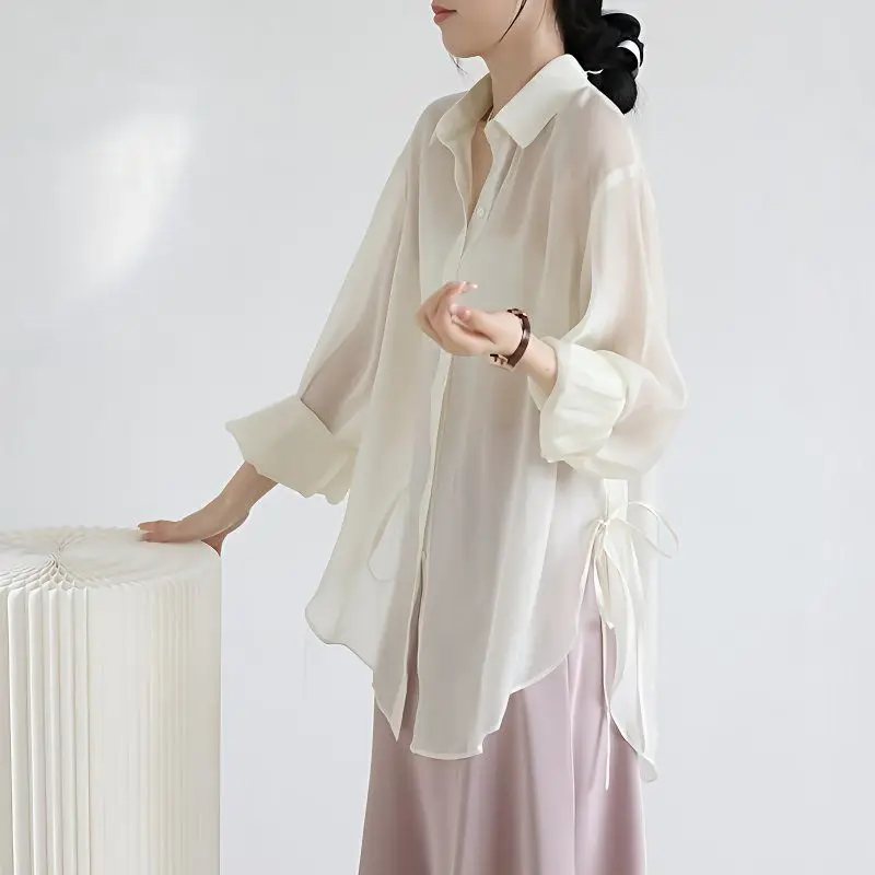 

Sun Protection Ice Silk Women's Shirt Thin Summer Outerwear Cover up with Halter Dress Collar Long Sleeve Pure Color