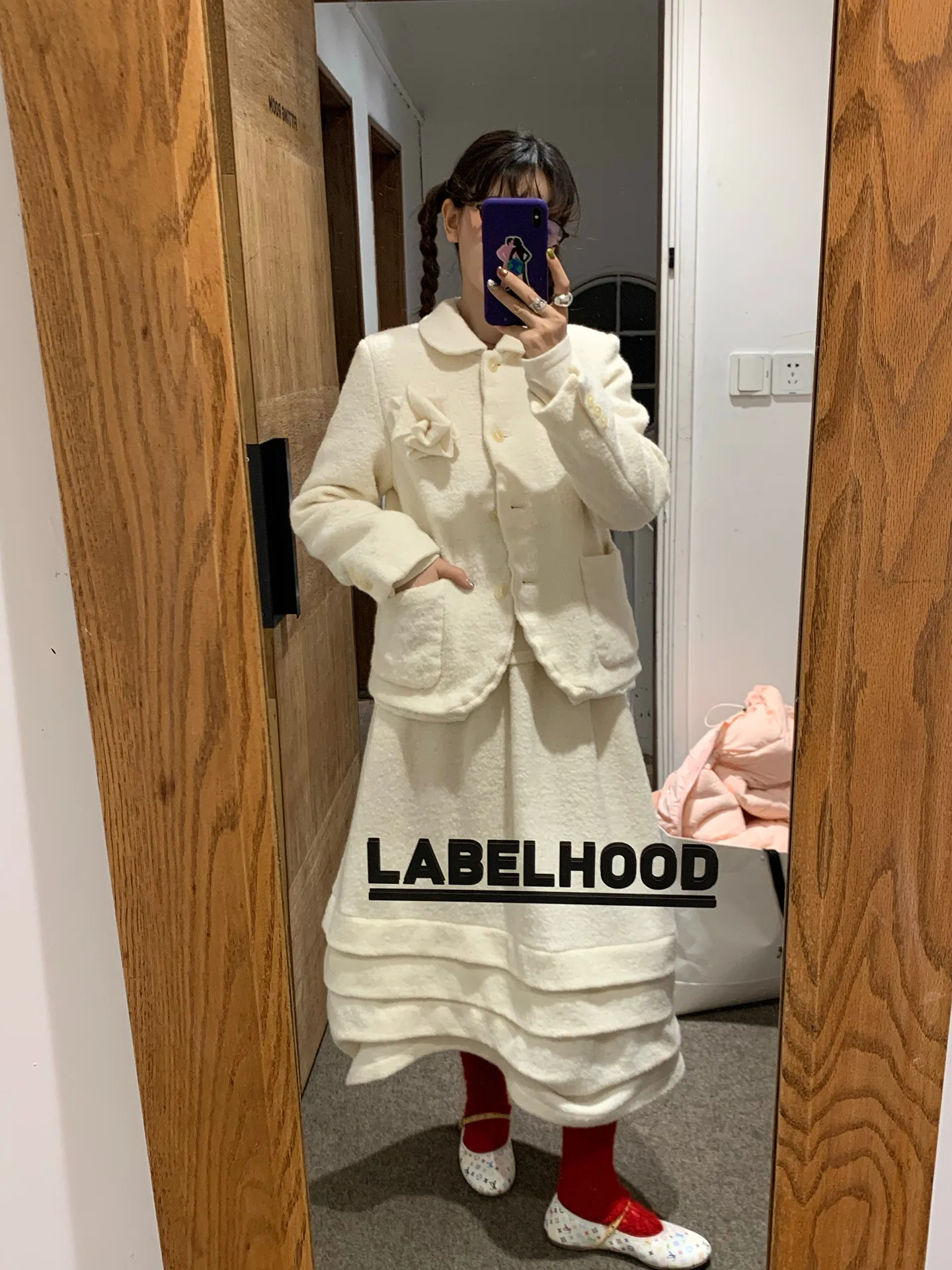 

Le Rouge Cry Girl, шерстяная юбка ручной работы с цветочным принтом, комбинезон с нагрудником, женский ансамбль Faion, зимний комплект для поездок на работу