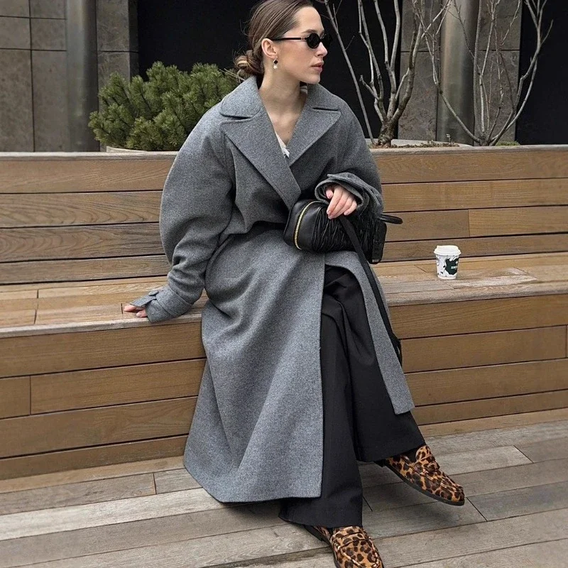 

Tornova Fashion Long Lace-Up Woolen Coat Women's Loose Long-Sleeved Pocket High Street Jacket Autumn Winter Casual Commuter Coat