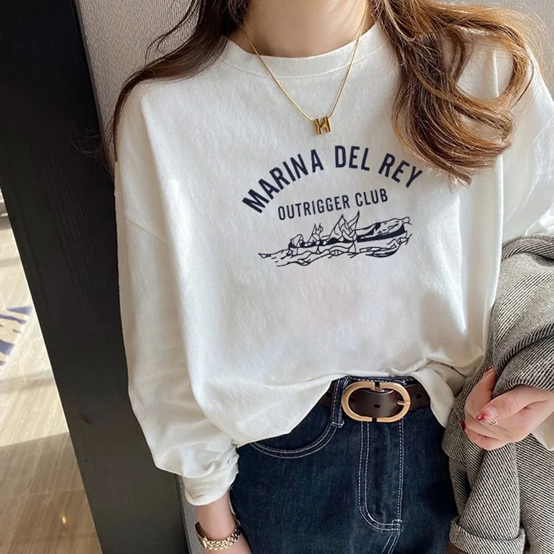 Letter Print T-Shirts 2024 Women's Spring Autumn Long Sleeve Top O-Neck White Casual Slim Basic Woman Cotton t-shirt 18 Patterns