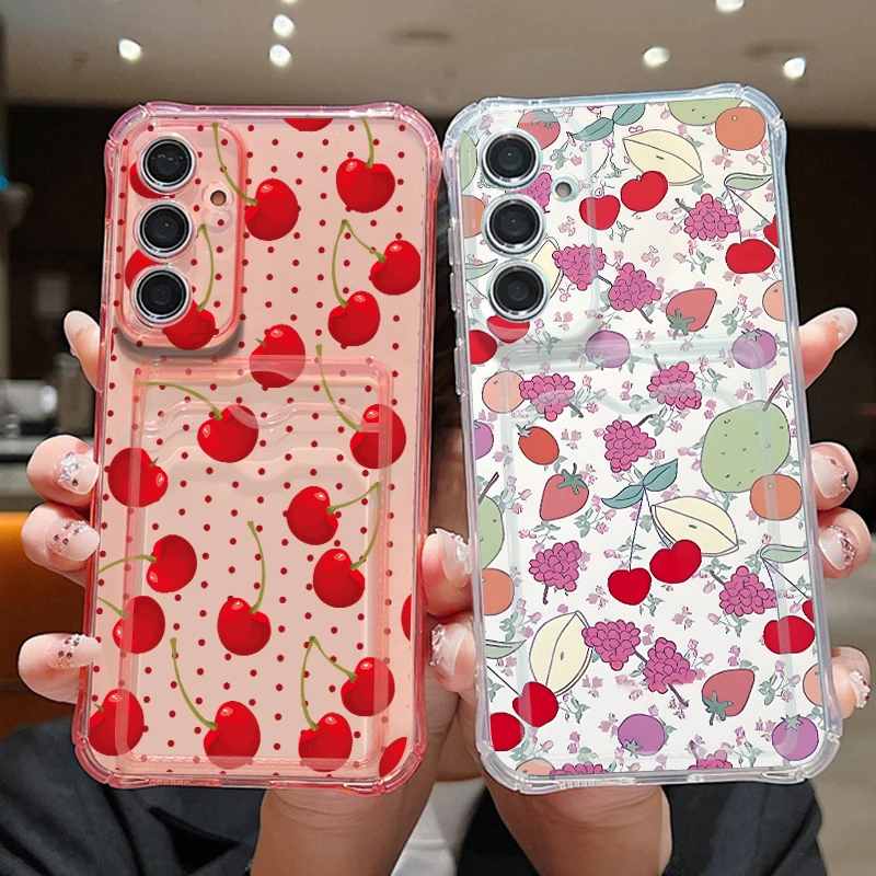 Card Slot Clear Phone Case Samsung Galaxy S26 S25 S24 Ultra S23 S25 FE A57 A17 A56 A55 A37 A36 A16 A54 Cherry Printed TPU Cover
