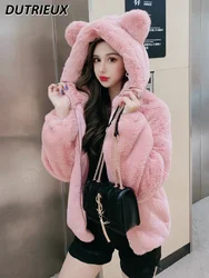 Lamb Fur Jackets Autumn and Winter Women's Warm Coats Bear Ears Hooded Jacket Fashion Imitation Thickened Plush Coat for Lady