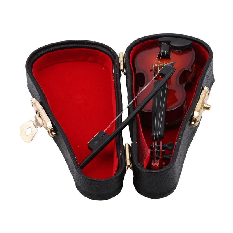 Mini Violin Dollhouse Miniature Musical Instrument Wooden Model Decor With Bow, Stand Support And Case