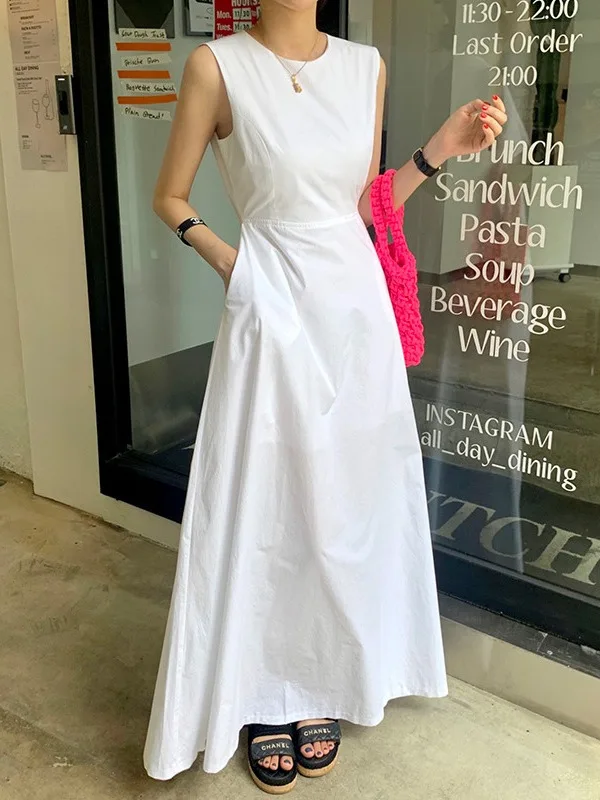우아한 A라인 드레스 한국 스타일 여름 신상 화이트 드레스 백리스 드레스 하이웨이스트 출퇴근 스타일 미디 스커트