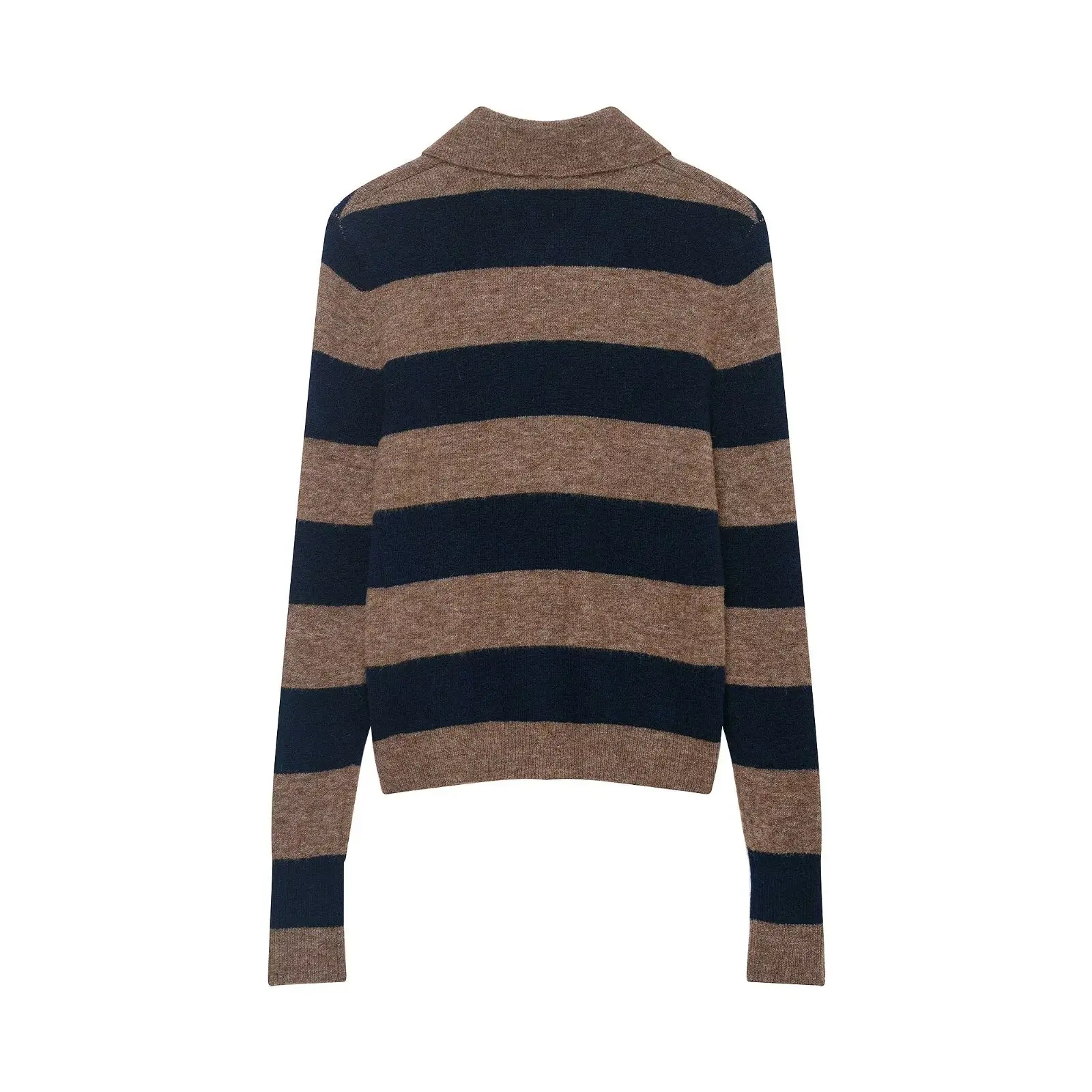 Elegancki sweter damski w paski z dzianiny, casualowy, z kołnierzykiem polo, z długim rękawem, zapinany na jeden guzik, sweter wkładany przez głowę, odzież dzianinowa damska na jesień i zimę.