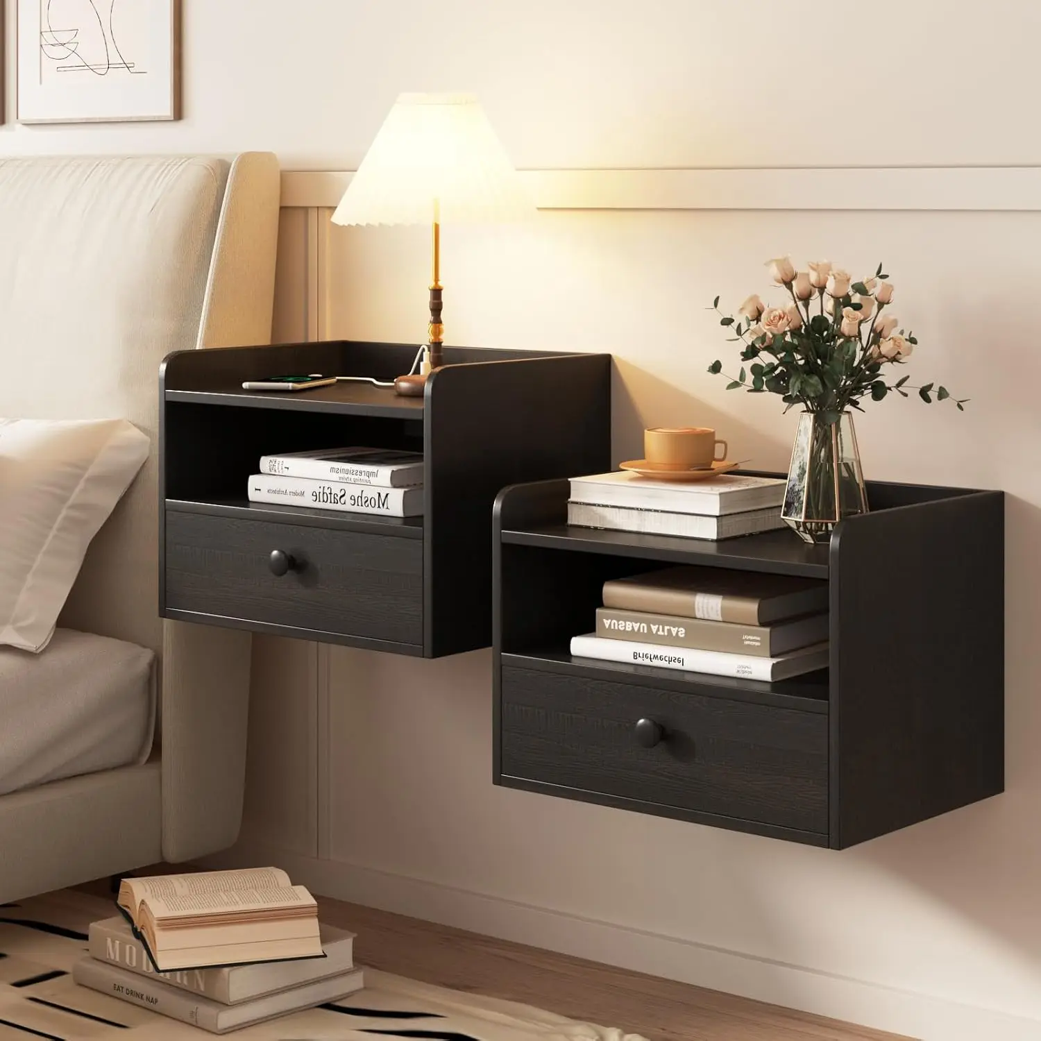 

Floating Nightstand Set of 2, Modern Black Bedside Tables with Drawer & Shelf, Charging Station, Wall-Mounted