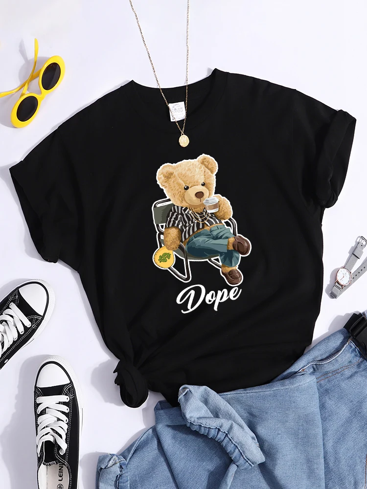 Rich Teddy Bear Boss Drinks Coffee Women Tshirts Simplicity Brand T-Shirts Outdoor Harajuku Tee Shirts Fashion Graphics Tshirt