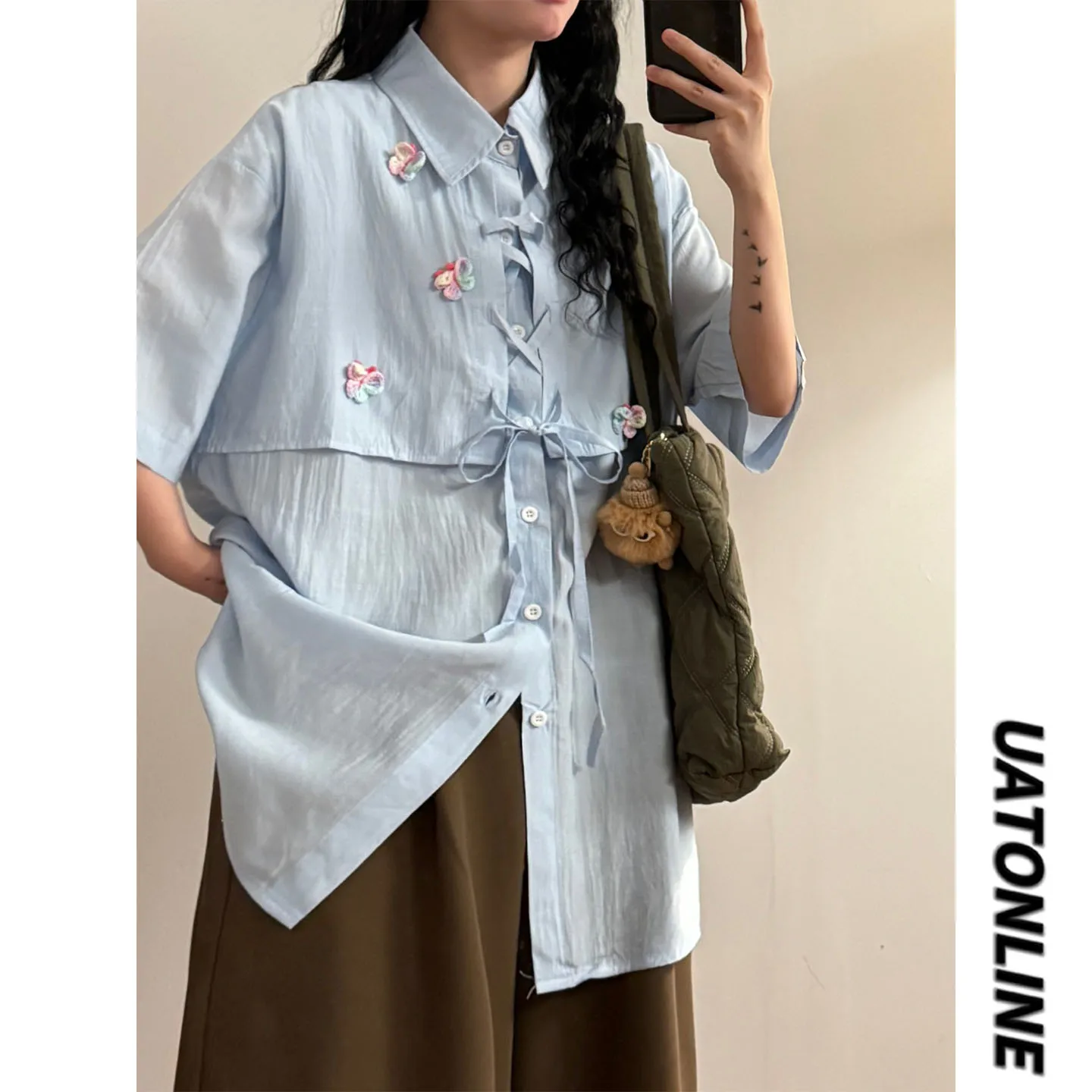 

UATONLINE2026 Summer Street Style Loose Fit Shirt with Floral Knot Design Short Sleeve Breathable Skin-Friendly Resistant to ...