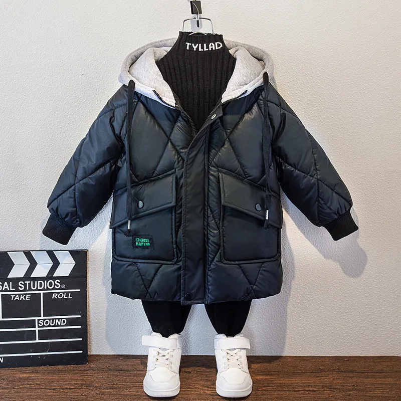 Thickened and Plush Boys Warm Down Cotton Jacket 2024 New Winter Children Clothing Hooded Boys Cotton Jacket Top