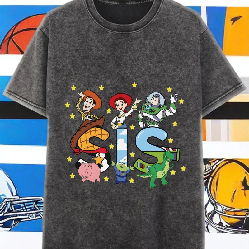 

Disney Toy Story Sisters Team Star Adventure Pattern Ретро стираная хлопковая футболка — свободный уличный стиль унисекс, космический тематический дизайн