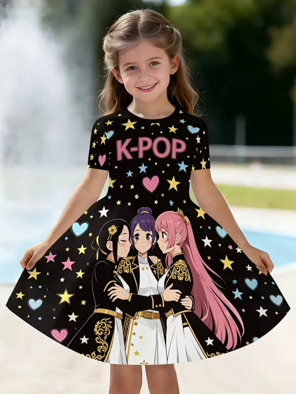 

Платье с мультяшным принтом K-pop для девочек, забавный подарок для фанатов, одежда в стиле Харадзюку, летние топы, платье с короткими рукавами, детская одежда